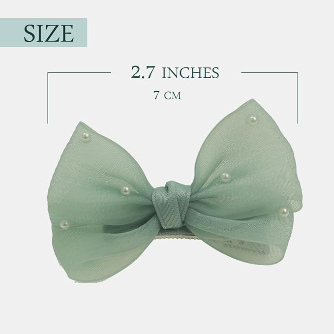 Nihao Baby Pearl Light Green Bow Hair Clips for Little Girl - 2Pcs