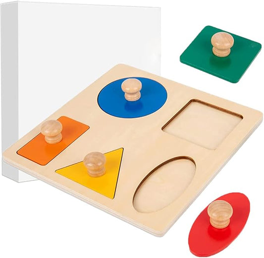 Montessori Multi Shape Wooden Puzzle Toy Baby Toddler First Jumbo Wood Peg Educational Basic (5 Geometry Shape)