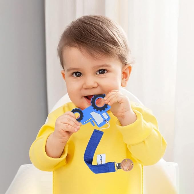 Baby Food Grade Silicone Tractor Car Teether Toy with Pacifier Clip Holder,Teething Pain Relief Toys Gift Set for 3 Months+ Boys and Girls,Freezer Safe,BPA Free (Blue)