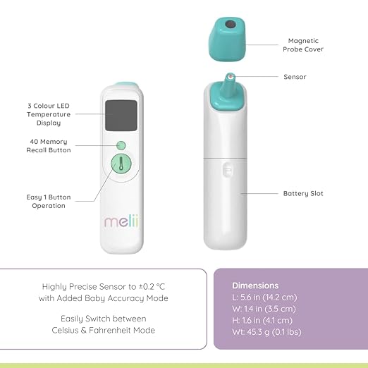 melii Ear & Forehead Infrared Thermometer with Digital Display, Fever Alert and 40 Memory Recall Temperatures, Safe for Babies, Toddlers, Kids & Adults
