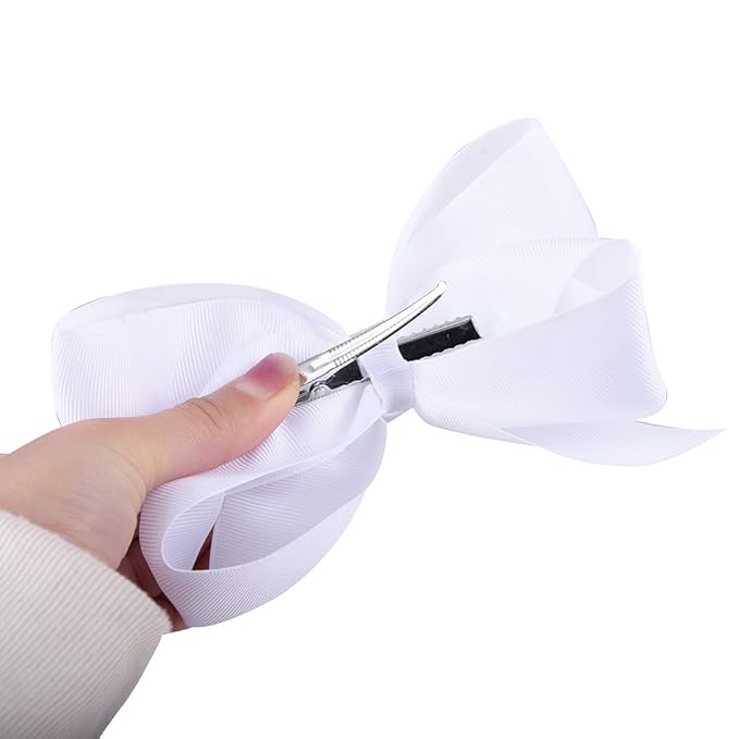DEEKA 12 PCS 6" Big Hand-made Grosgrain Ribbon Hair Bow Alligator Clips Hair Accessories for Little Teen Toddler Girls - White/Black