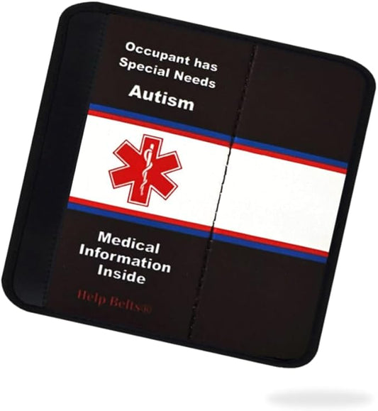 Autism Awareness Medical Alert Seatbelt Cover for Children in Car Seats (6”) Featuring an Emergency Information Form and Pocket by Help Belts. (Black/White)