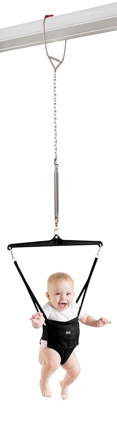 Jolly Jumper Iconic (Black), Doorway Baby Jumper, Indoor Exercise Saddle Seat, Adjustable Height, for Infants up to 28lbs, No Stand Required