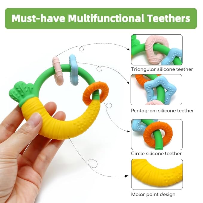 Baby Teether with Easy-Hold Handle, Silicone, BPA-Free, Soothe Sore Gums, Textured for Sensory Development, Teethable Surfaces - Baby Teething Toy for 3 Months & Up (Raddish and Bird)