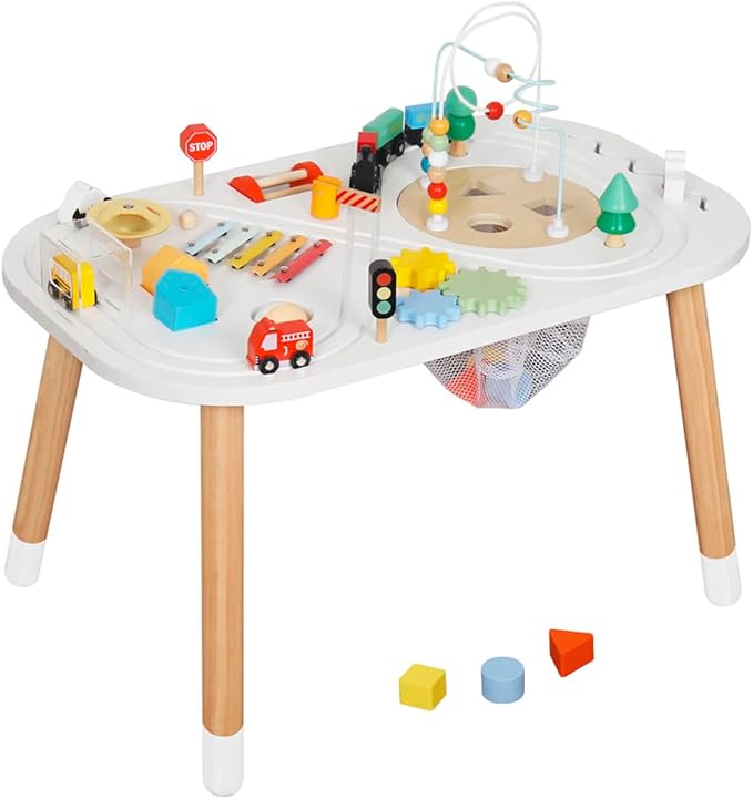 touch us Baby Activity Cubes for Kids,Toddler Activity Cubes&Activity Center Table with Wooden Bead Mazes，Mini Toy Car,Gears&Blocks|Wooden Desk Play Table as Montessori Toy for 1 Year Old Boy Girl