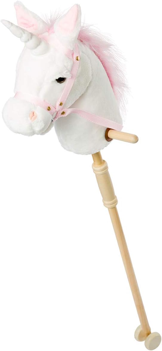 HollyHOME Plush Unicorn Stick Horse with Wood Wheels Real Pony Neighing and Galloping Sounds Plush Toy White 37 Inches(AA Batteries Required)