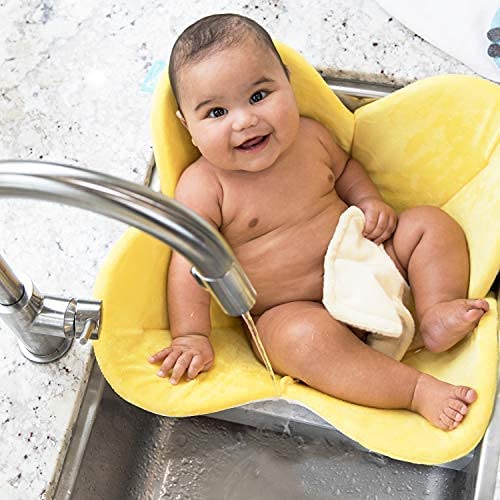 Blooming Bath Poppy Flower Bath Mat - Sink Bathtub Cushion for Baby - Plush Minky Fabric for Newborn to 6 Months - Washer-Safe Infant Newborn Essentials - Baby Shower Gifts for New Mom (Yellow/Brown)