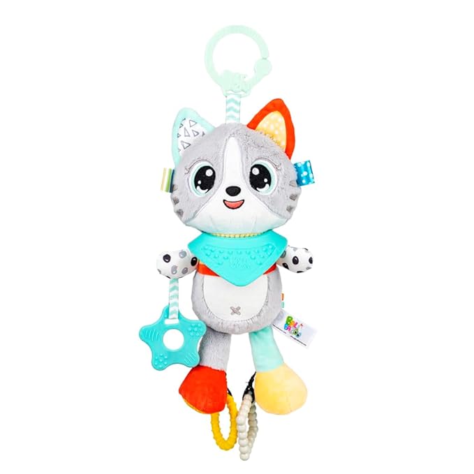Balibazoo Luka The Cat Hanging Baby Toy – Soft Plush Sensory Toy with 4 BPA-Free Silicone Teethers, Crinkle Ears & Hidden Bell | Clip for Stroller, Car Seat, and Carrier | Developmental Toy 0-24M