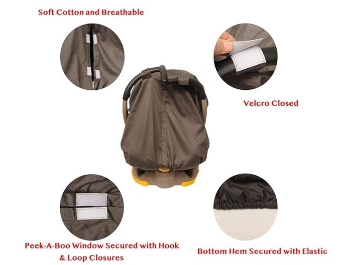 Elisabeth Nielsen Baby Car Seat Canopy Cover with Peek-a-Boo Opening | Universal Fit for Boys & Girls | Lightweight, Breathable, Gray Cotton | Bonus Burp Cloths
