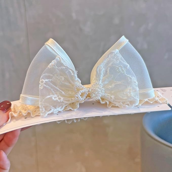Cute Baby Girl Lace Headband Lace Bow Hair Accessories Elastic Bow Head Wrap for Newborn Infant Toddler Christening Baptism Party Hair Accessories for 0-36 Months (Ivory C, Free)