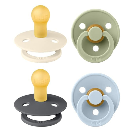BIBS Color Pacifiers 4-Pack | BPA Free Soother Pacifier | Round Nipple | Natural Rubber Latex | Made in Europe | Size 0-6 Months | Iron Mix