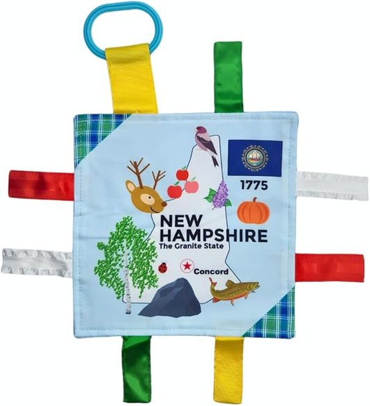 Baby Jack & Co 8x8” Learning Lovey New Hampshire State Tag Stroller Toy for Babies - Crinkle Toys for Developing Five Senses - Learn About Capitals - Travel with Baby Jack - BPA Free Clip