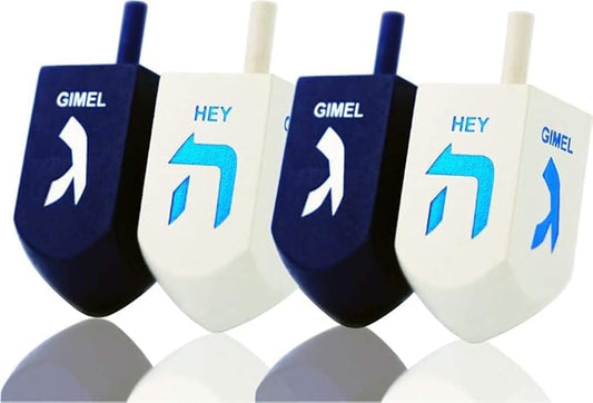 The Dreidel Company 24-Pack Hanukkah Extra Large Blue & White 3" Inch Wooden Dreidel Hand Painted, Includes Game Instruction Cards (Pack of 24 XL)