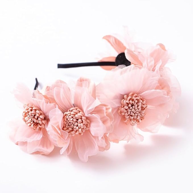 Bethynas Baby Girls Flower Cluster Headband Soft Lace Cloth Floral Head Wear for Wedding Party Cute Flower Hair Band for Toddlers Flower Girls (Pink)
