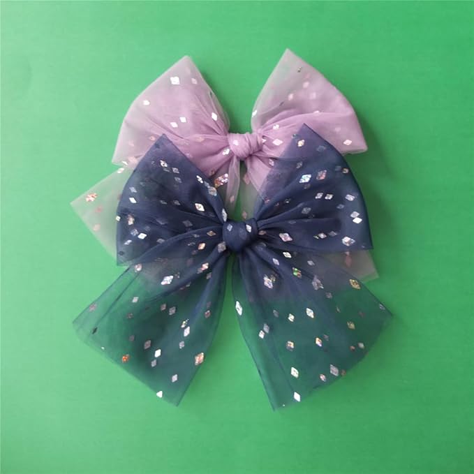 Large Tulle Hair Clips for Baby Girls and Women - Lace Bow Cottagecore Lightweight Gauze Barrettes Accessories (Fresco and Navy Foil)