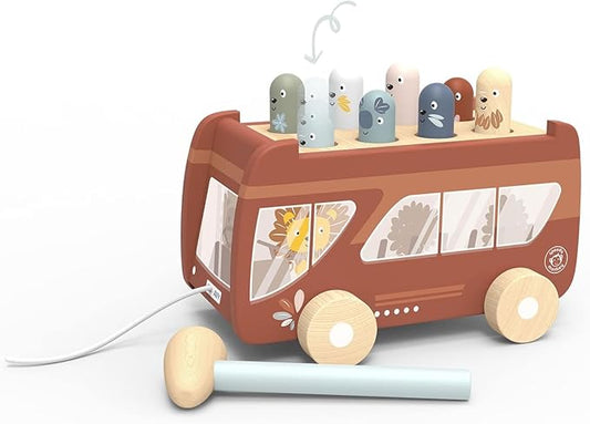 Speedy Monkey Bus Pounding Bench, Pull-Along Bus with Hammering Activity, 8 Wooden Characters, Enhances Hand-Eye Coordination, Safe Design, Non-Toxic Paint, Educational Toy for Kids 2-5 Years