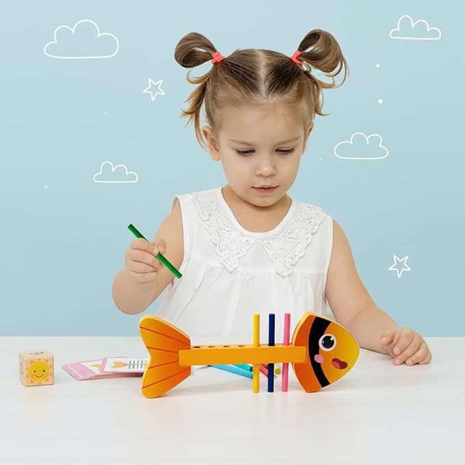 Montessori Fine Motor Skills Toys for Toddlers, Wooden Fishbone Color Matching & Sorting Toy with 20 Task Cards, Learning Educational Gifts for 3 4 5 6 Year Olds, Baby Sensory Training Toys