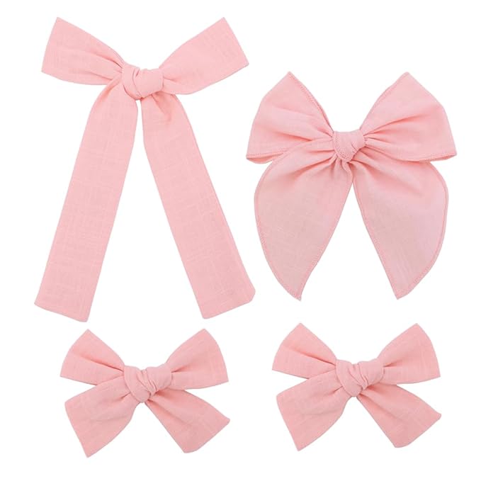 3 Styles Hair Bow Clips for Little Girls Toddler Baby Mom Women Hair Barrettes Accessories 4 Pcs Cotton Linen Bows Peach Pink