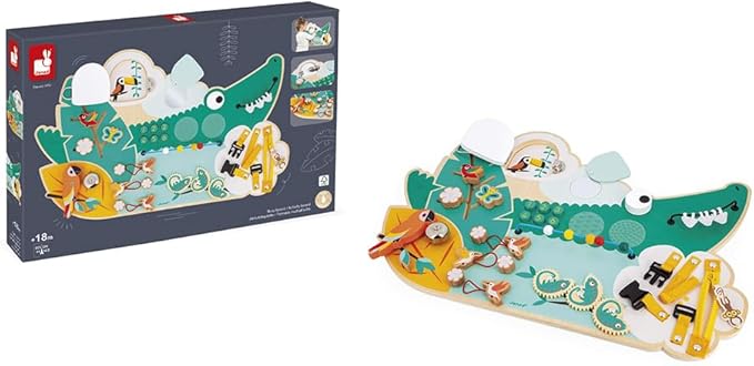 Janod Busy Board Crocodile Theme Jungle Animals - 14 Activities for Boys Girls - Develops Fine Motor Skills - FSCTM - Wooden Toy - from 18 Months - J08280