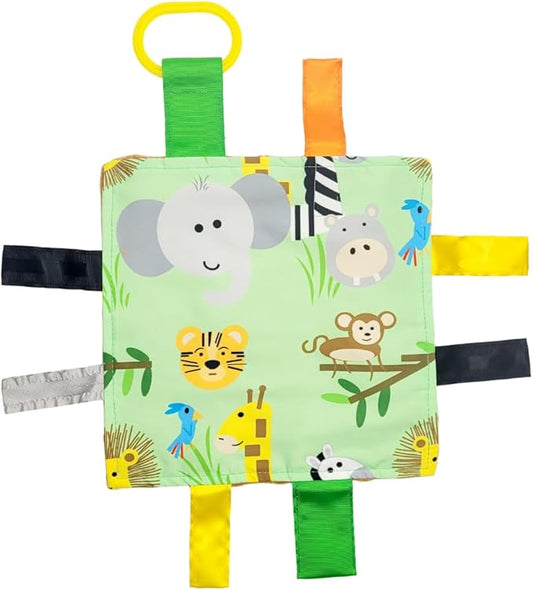 Baby Jack & Co 8x8” Jungle Zoo Animals Lovey Tag Toys for Babies - Crinkle Toys for Development of 5 Senses - Soft & Safe - Learn Shapes & Colors - Tummy Time - Soother - BPA Free w/Stroller Clip