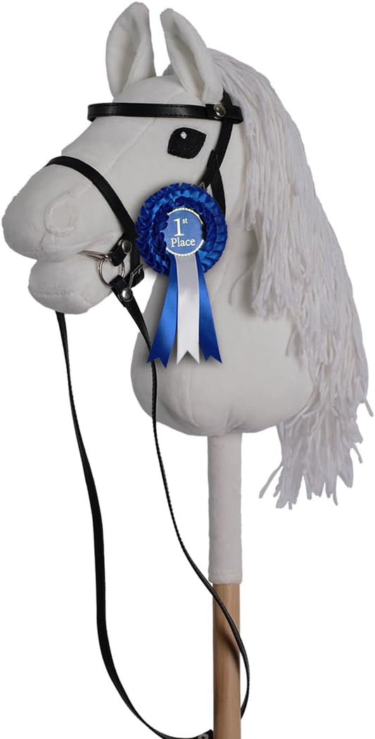 ROCK MY BABY Hobby Horse with a Detachable Bridle Plush Handmade Stick Horse with Removable Rosette Ribbon for Kids 3+ Years Old (White)