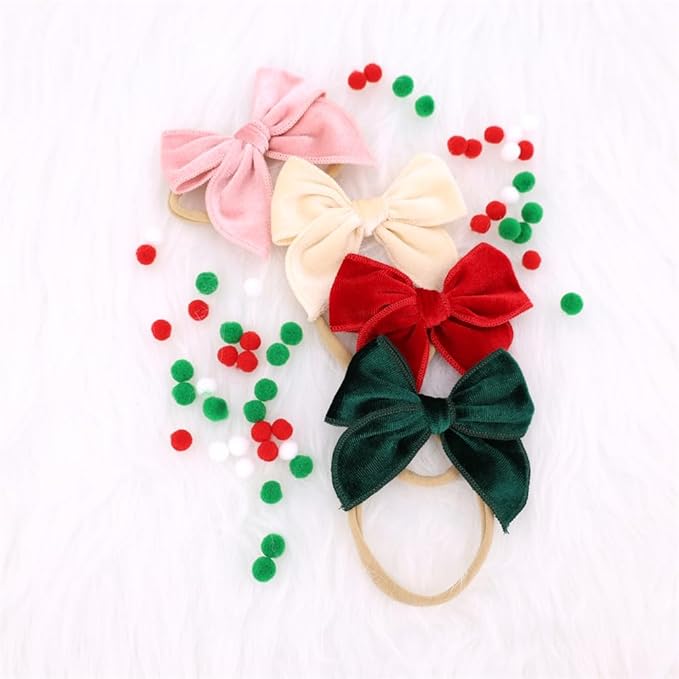 Pack of 12 Velvet Bow Headband for Newborn Baby Toddler Girl Soft Nylon Hairbands Elastic Hair Bands (Fable Bow 3 inch 12 pcs)