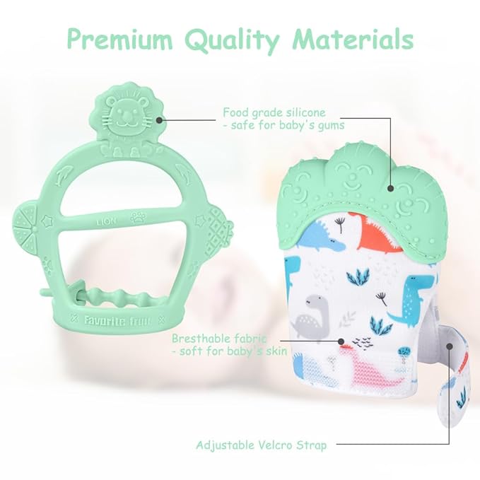 Vicloon Silicone Teething Mitt, 2Pcs Mitten With Adjustable Strap, Crinkle Sound and Textured, Self-Soothing Chew Toys for 0-6 Month Infants