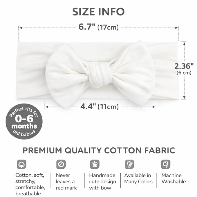 Baby Girl Headbands 0–6 Months – Newborn Infant Soft Cotton Handmade Bow Headband, Stretchy No Mark Baby Hair Accessories (Soft White, 0-6 Month)