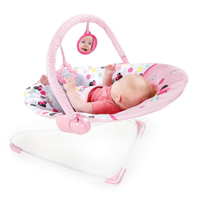 Bright Starts Disney Baby Minnie Mouse Baby Bouncer Soothing Vibrations Plush Infant Seat - Removable Toy Bar, Nonslip Feet, 0-6 Months Up to 20 lbs (Spotty Dotty)