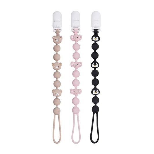 Cute Fruits Silicone Pacifier Clip Holder,Pack of 3,Flexible One Piece Design Paci Leash,Binky Clips for Baby Boys and Girls,Newborn Essential. (Elephant,Penguin,Bear)