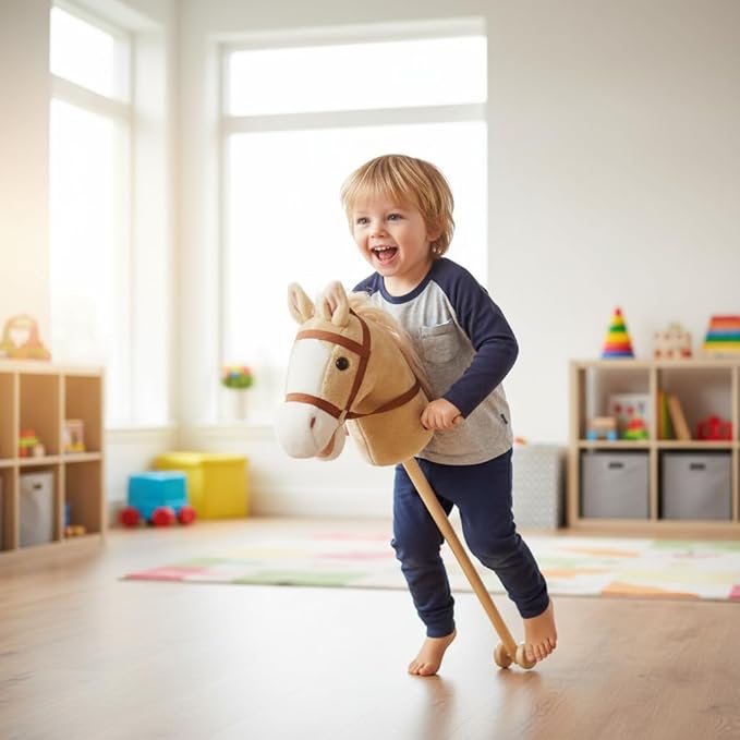 Tachan - Horse Head with Deluxe Stick - with Sounds and Wheels for Easy Gliding - Toy Horse for Boys and Girls - Light Brown - 90cm Height (CPA Toy Group 727T00729)