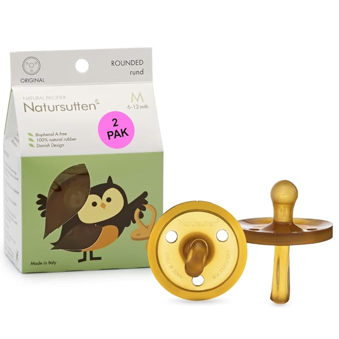 Natursutten 2-Pack Natural Rubber Pacifiers - Safe & Soft BPA-Free Pacifier for Breastfeeding Babies, Made in Italy, Original Shield Round Nipple, 6-12 Months