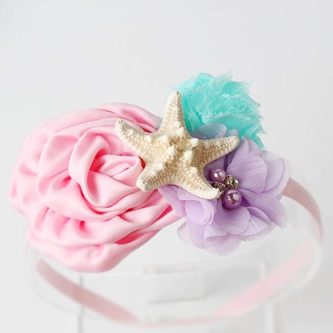 YanJie Mermaid Hairband - Aqua Lavender, Handmade Flower Headband with Starfish for Baby Girls, Newborn Hairbands for Daily Wear, Special Occasions, Photo Props, Birthday Party Gift