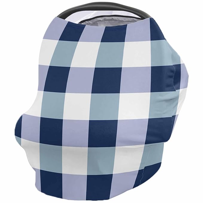 Blue White Plaid Car Seat Covers for Babies, Modern Geometric Checkered Lattice Nursing Breastfeeding Covers Stretchy Breathable Baby Carseat Canopy Cover for Girls and Boys Shower Gifts