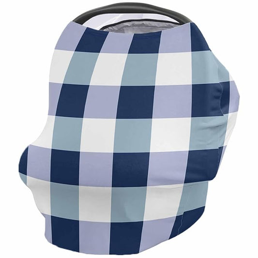 Blue White Plaid Car Seat Covers for Babies, Modern Geometric Checkered Lattice Nursing Breastfeeding Covers Stretchy Breathable Baby Carseat Canopy Cover for Girls and Boys Shower Gifts