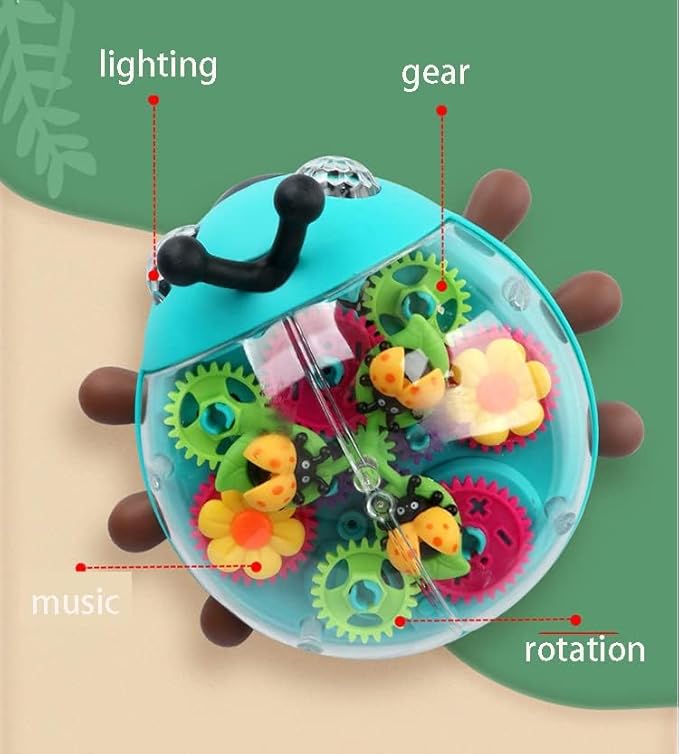 Nenekal Transparent Electric Ladybug Gear Toddler Toy with Flashing LED Lights and Music, Automatically Changes Direction, Great Gift for Boys Girls, STEM and Tummy Time