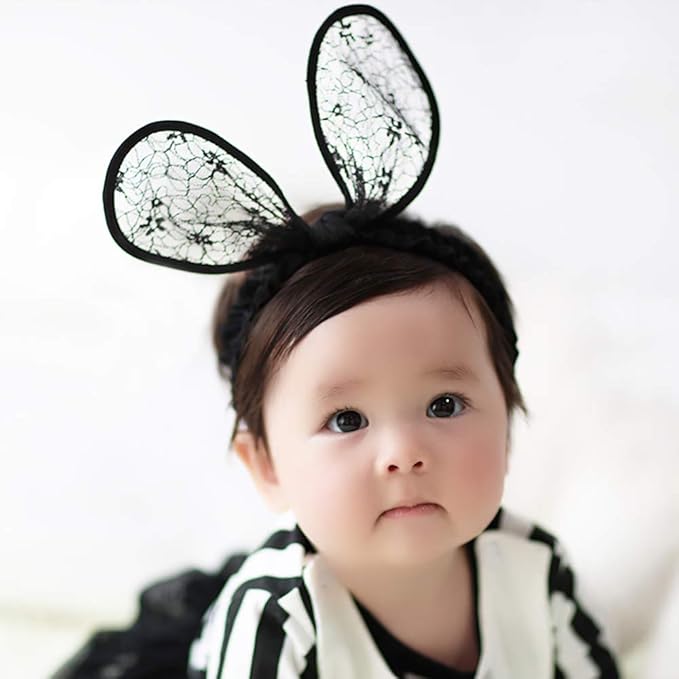 2-Pack Easter Bunny Headbands Rabbit Ears Lace Elastic Bow - Cute Stretch Hairbands for Baby Girls , Newborn,Toddler and Children (2 Colors)