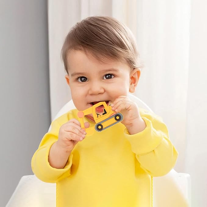 Car Series Baby Teething Toys,Food Grade Silicone Chew Teether for 3 Months+ Infant Boy and Girl,Toddler Sensory Chewing Teether,BPA Free. (Excavator, Orange-Yellow)