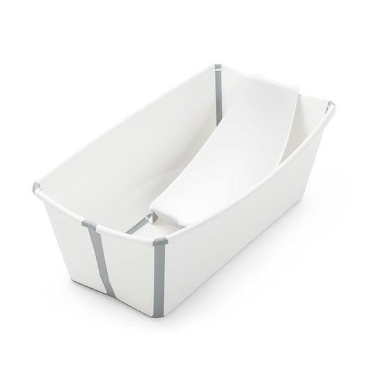 Stokke Flexi Bath Portable Baby Bathtub Bundle with Heat-Sensitive Plug and Newborn Baby Bath Support, White Grey