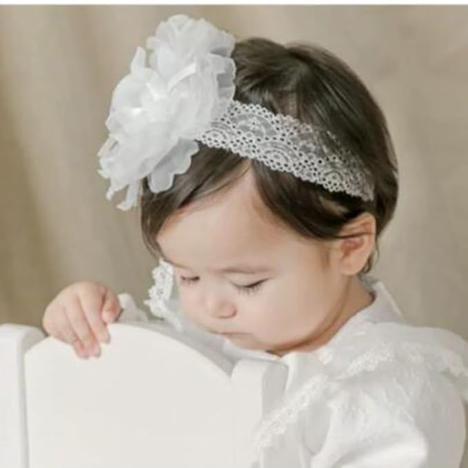 Floral Lace Hair Bow for Baby Girls Soft Stretch Headband for Newborns to Toddlers Baby Shower Birthday Hair Band 0-36 Months (White B, Free)