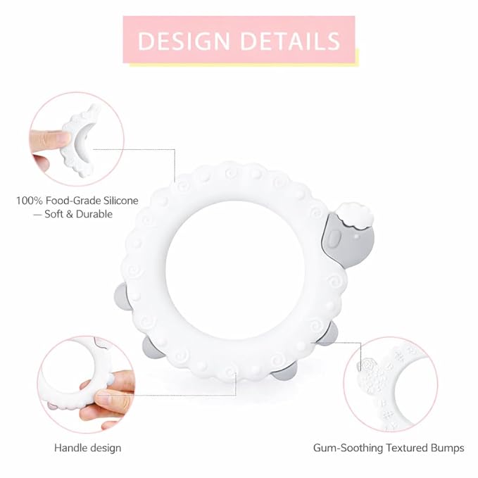 Sheep Teether – Gray | 100% Food Grade Silicone Baby Teething Toy | Textured Ring for Gum Relief | Easy Grip for Little Hands | BPA-Free, Phthalate-Free | Baby Teether Toy 3-36 Months