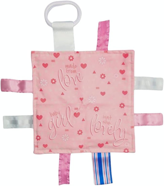 Baby Jack & Co 8x8” Learning Lovey Baby Girl Newborn Gender Reveal Tag Stroller Toy for Babies - Crinkle Toys for Developing Five Senses - Pink Hospital Blanket - Shower Gift - BPA Free Clip
