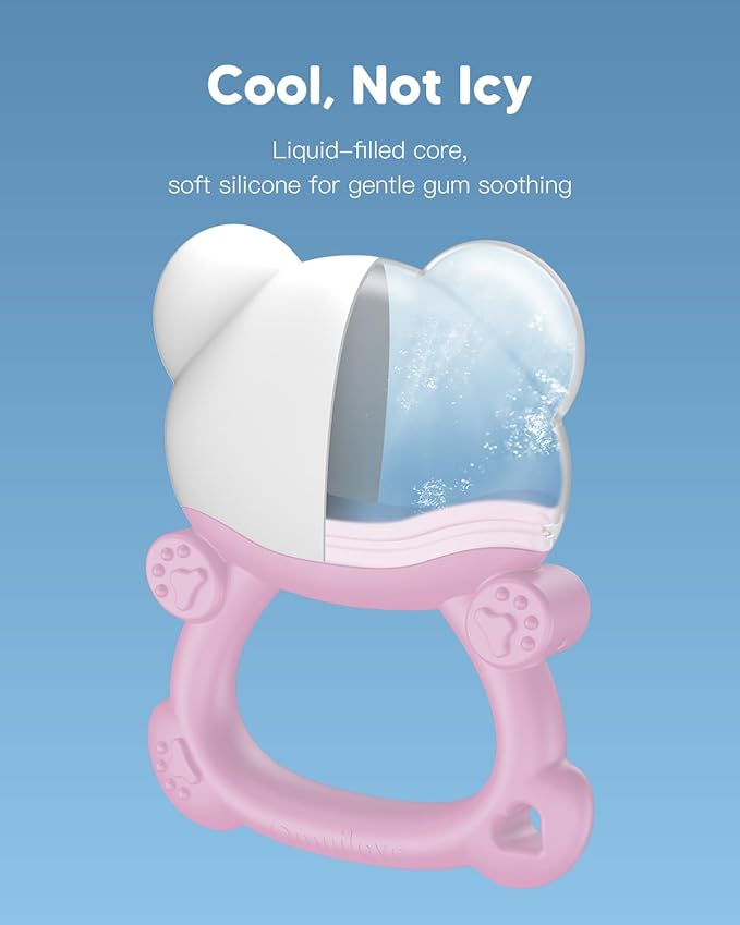 Water-Filled Freezable Baby Teether – Cooling Teething Toy for Babies 6+ Months, Gentle Comfort for Sore Gums, Includes Reusable Freezer Bags – Bear Pink
