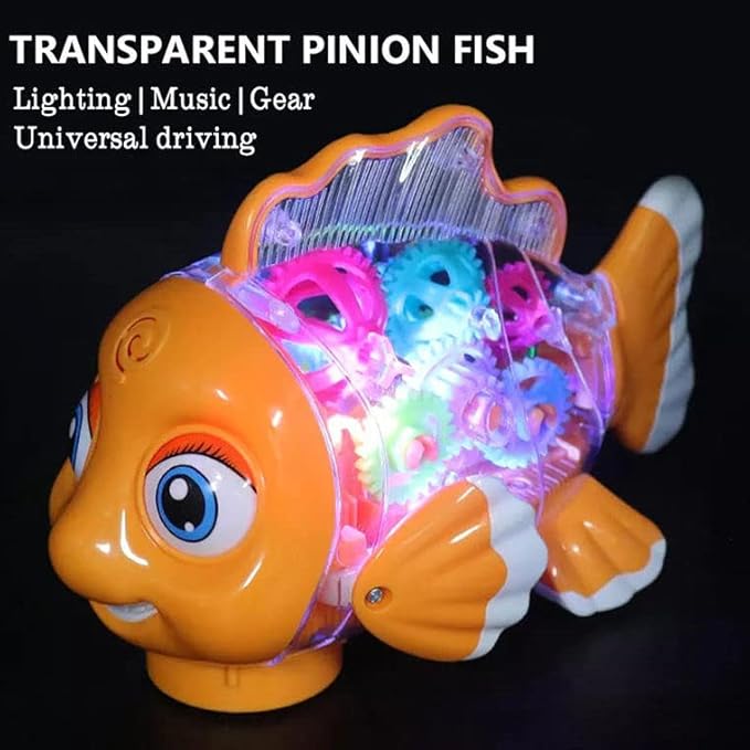 Nenekal Transparent Electric Gear Gold Fish Toddler Toy with Music & Lights. Bump and Go Technology. Perfect for Babies Tummy Time, Educational STEM Gear Toys for Boys Girls 3+