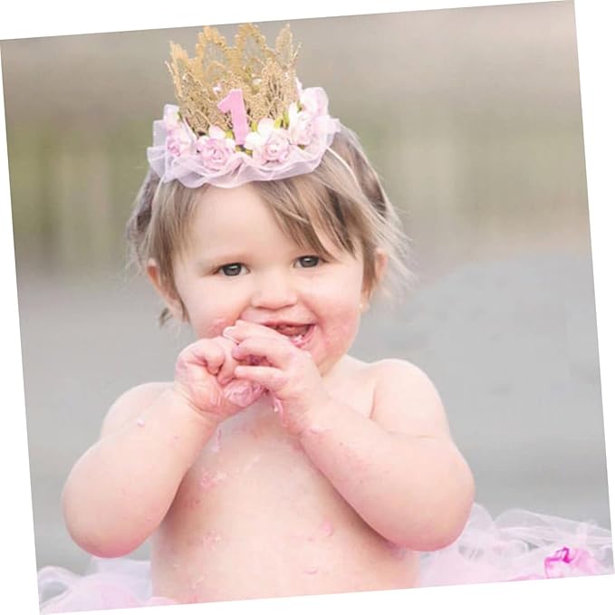 SHOWERORO First Birthday Hair Accessories for Girls - Headband, Tiara Crown with Lace Flowers