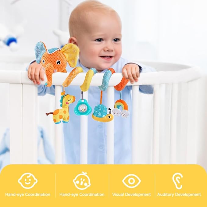 willway Car seat Hanging Toys, Baby Spiral Activity Plush Stroller Toys Baby Rattle Sensory Toys for Crib Mobile Bassinet with Music Box BB Squeaker Rattles, Infant Toys for 0 6 12 Months Gifts