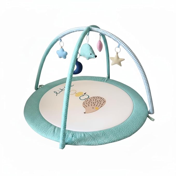 Baby Play Gym Mat & Activity Mat - 100% Cotton Soft Playmat with 6 Detachable Toys for Tummy Time, Machine Washable, Sensory Development Gift (Hedgehogs)