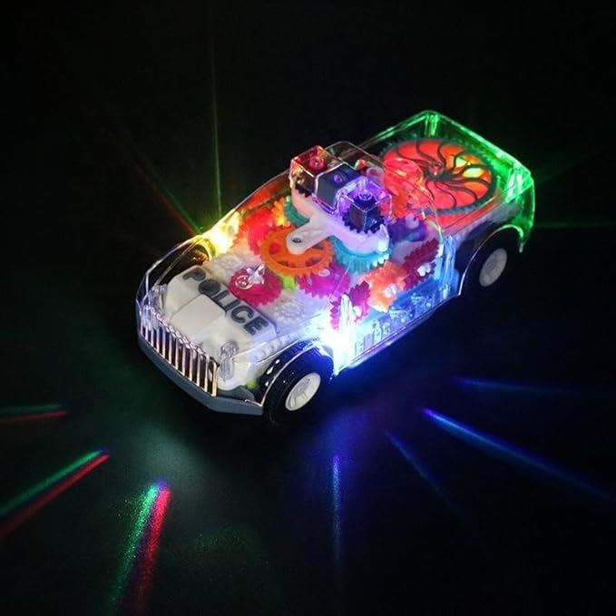 Nenekal Transparent Electric Police Car Gear Toy with Flashing Lights & Music, Automatically Changes Direction, Toddler Gift, for Boys Girls 3+, STEM Tummy Time