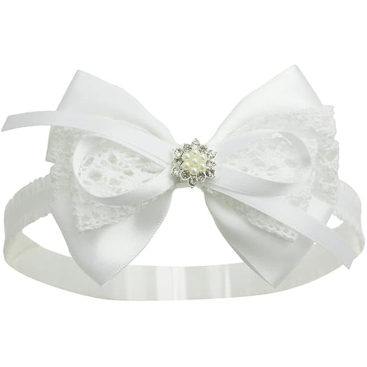 Nihao Baby White Cotton Lace and Satin Bow Hairband with Pearl - Baptism, Communion, First Birthdays - Hair Styling - For Baby Girls - 0-6 Month