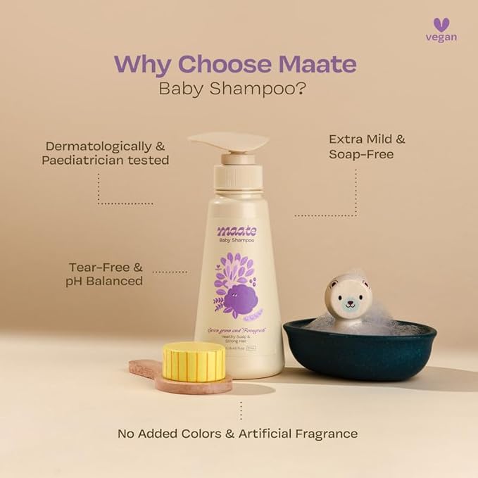 MAATE Baby Shampoo (250 ml) | Deep Cleanses, Nourishes Scalp & Hair | With Ayurvedic Herbs like Shikakai & Amla | Baby Shampoo For Kids 0-12 Years | Baby Hair Shampoo | Tear Free & Chemical Free